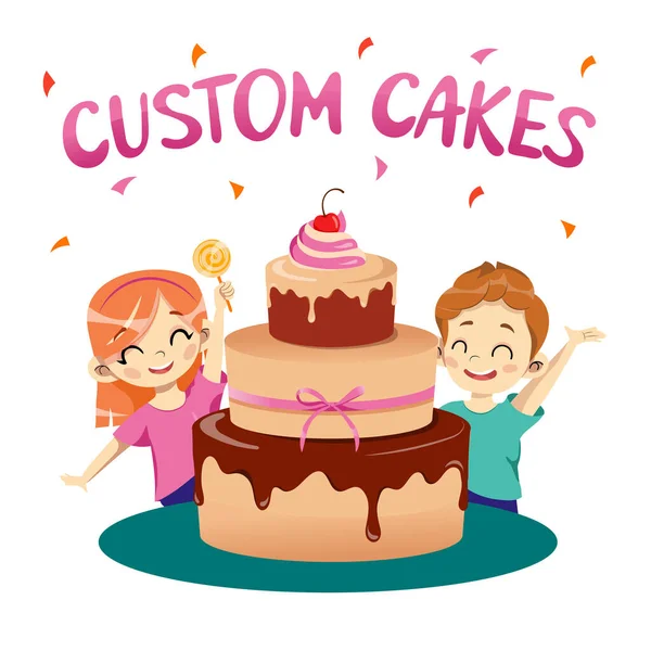 Benutzerdefinierte Kuchen Banner Vorlage. glückliche Kinder mit Süßigkeiten. Vorlage für Süßwaren, Süßwarengeschäfte. — Stockvektor