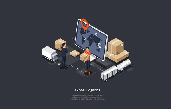 Isometric icônes d'illustration de réseau logistique mondiale en ligne. Ensemble de camionnage de marchandises, transport ferroviaire . — Image vectorielle