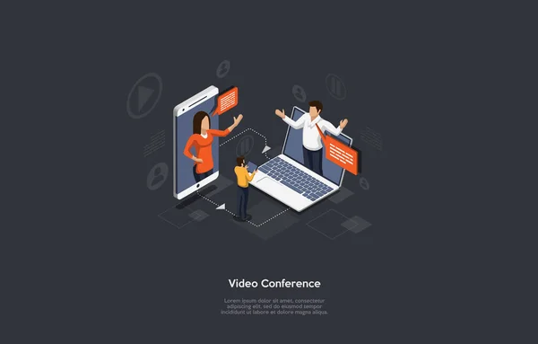 Isometric video konferans afişi. İki adam ve bir kadın telefonda ve defterde bir video konferansı düzenliyor..