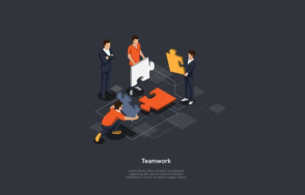 Modello di lavoro di squadra aziendale isometrico. Il team sta collegando pezzi puzzle . — Vettoriale Stock