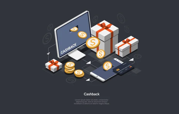 Cashback isométrico e conceito de economia de dinheiro. Restituição. Pagamento digital ou serviço de reembolso online . — Vetor de Stock