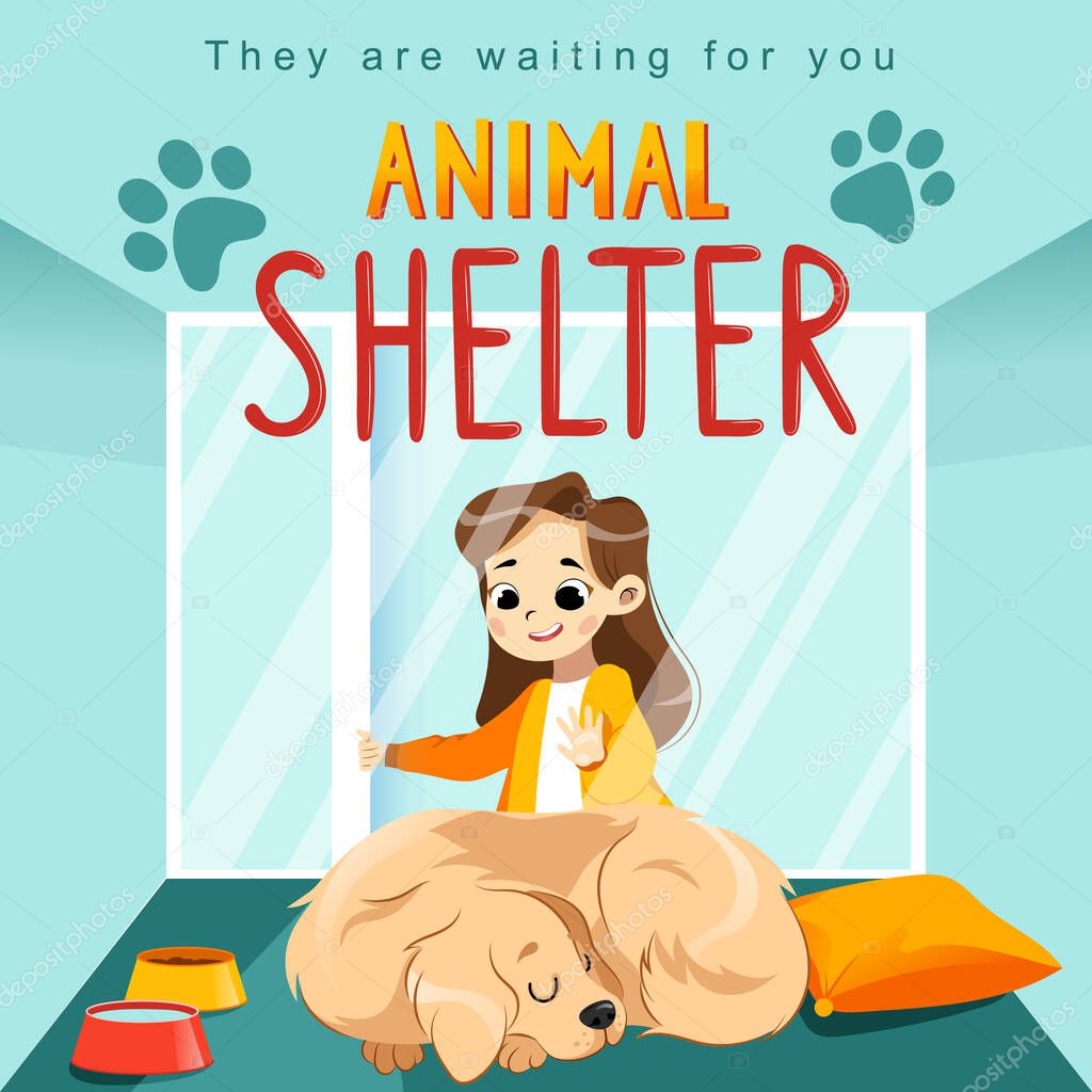 Animal Shelter design poster with child, dog and decorations. Illustration showes animal adoption, care, homeless help. Flat style. Vector illustration.