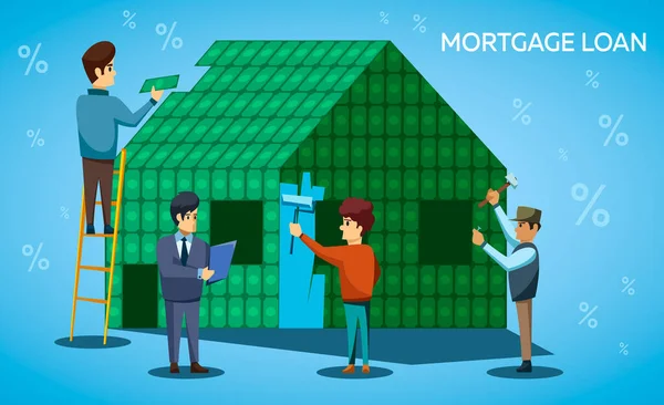 Conceito de hipoteca. Trabalhadores da construção constroem uma nova casa de notas de dinheiro . —  Vetores de Stock