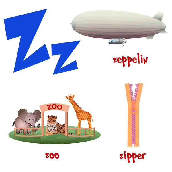 Vector lindo alfabeto de dibujos animados para niños. Letra Z con Zeppelin, Zoo y Cremallera . — Vector de stock