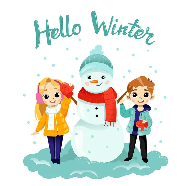 Two children are making snowman in the field. Flat style. — Stock Vector