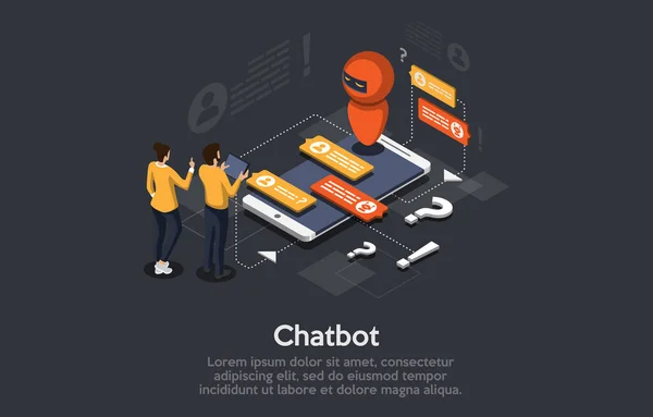 Izometrikus Chatbot koncepció, személyi segítő, gépi tanulás, mesterséges intelligencia, digitális marketing sötét 3D-s stílus. — Stock Vector