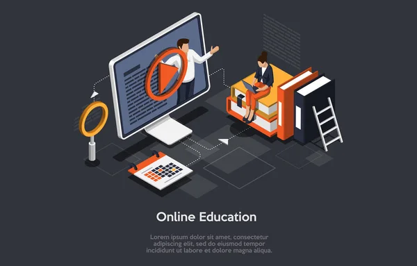 Moderní izometrický koncept online vzdělávání pro banner a webové stránky. — Stockový vektor