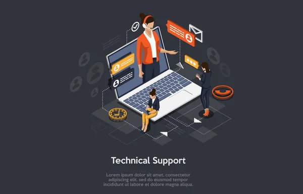 Isometric Online müşteri teknik destek konsepti. Vektör illüstrasyonu.