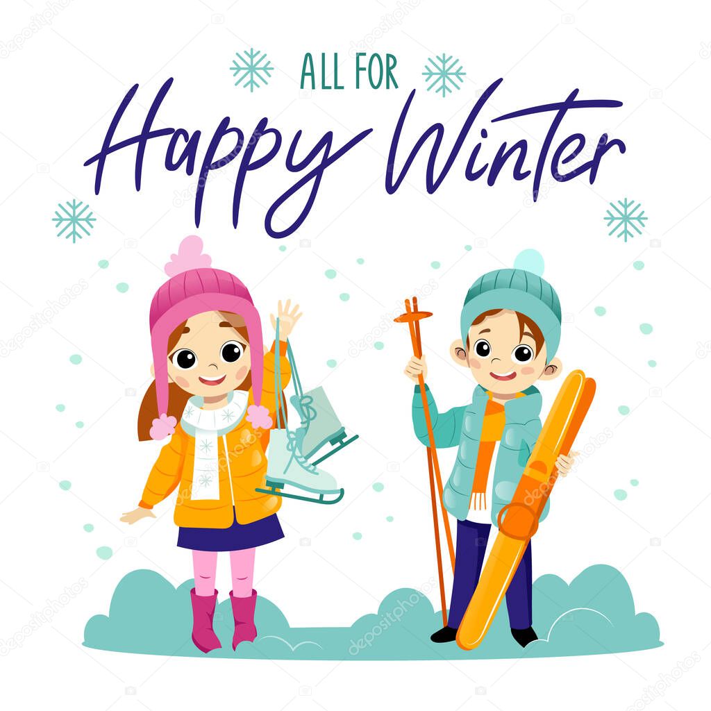 All for happy winter concept. The boy and girl are skiing and skating in winter.