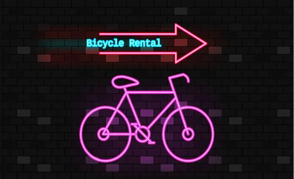 Alquiler de bicicletas letrero de neón brillante sobre fondo de pared de ladrillo oscuro. Símbolo de alquiler de bicicletas en estilo neón . — Vector de stock
