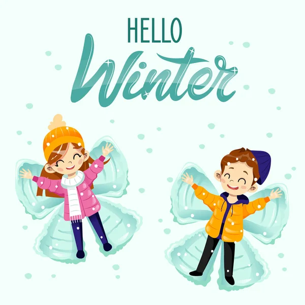 Hello WInter Banner concept. Cute happy children making snow angel. — Stock Vector