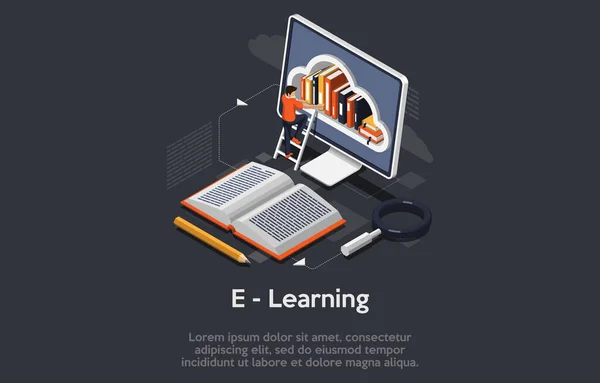 Isometrisches E-Learning-Konzept. E-Learning-Branche, digitale Online-Bildung, E-Zertifizierungsprüfungskonzept. Isometrische 3D-Website App Landung Web-Seite Vorlage. — Stockvektor