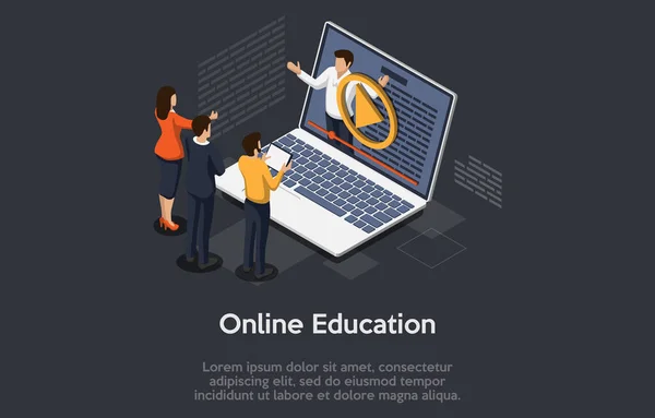 Çevrimiçi eğitim izometrik kavramı, öğretmenli dizüstü bilgisayar, evde öğrenim için internet kursu.