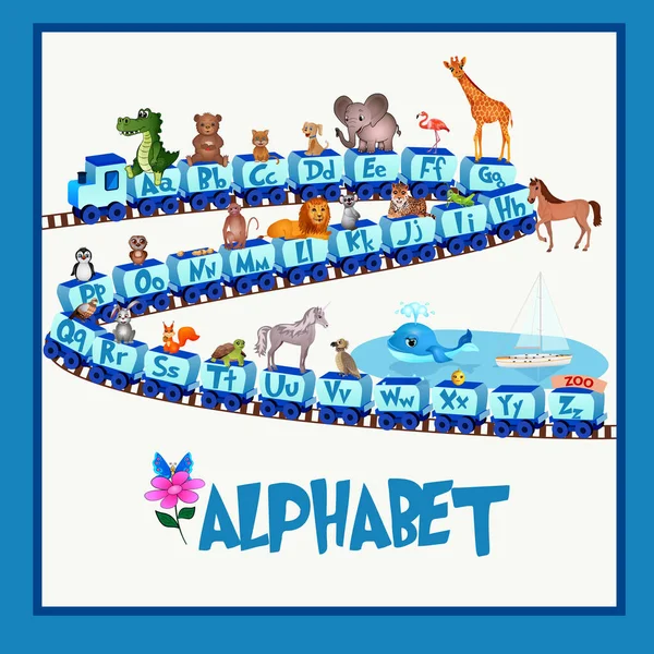 Alfabeto de dibujos animados para niños con animales montados en un tren cuyo nombre comienza con esa letra en particular . — Vector de stock