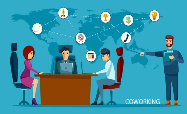 Έννοια του κέντρου coworking. Επαγγελματική συνάντηση. Κοινόχρηστο περιβάλλον εργασίας. Οι άνθρωποι μιλούν και εργάζονται σε υπολογιστές στο γραφείο ανοικτό χώρο. — Διανυσματικό Αρχείο