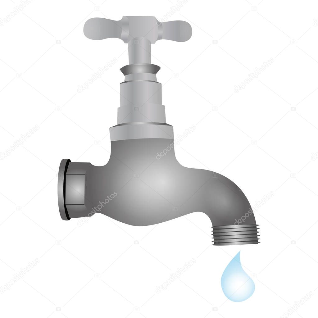 Cute cartoon water tap with falling drop Isolated on white background. Flat style.