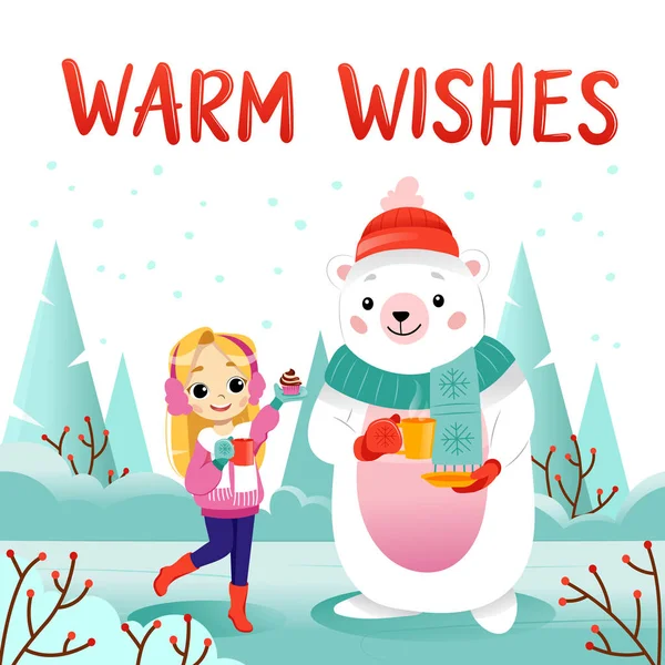 Cartoon Girl, Polar bear with hot tea and cupcake in the village, warm wishes text, Christmas season, winter holidays. Design for wrapping, fabric, print, postcard. — Stock Vector