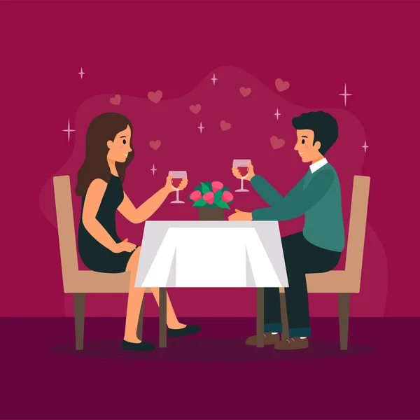 Hombre y mujer están en el restaurante en la cita romántica. Pareja enamorada. Gente sentada a la mesa con una copa de vino. Relación romántica . — Vector de stock