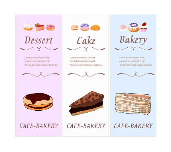 Bäckerei und Konditorei Desserts Banner-Set mit Text. flachen Stil. Vektorillustration. — Stockvektor