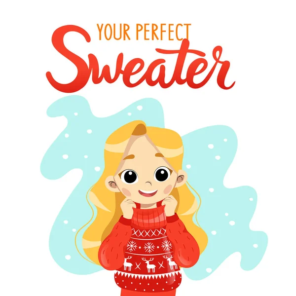 Cute little girl in sweater. Child and comfort during the cold season. Winter or autumn cartoon illustration with text. — Stock Vector