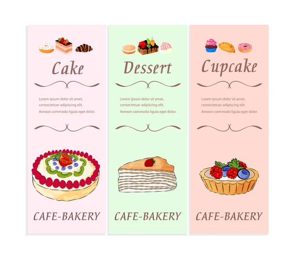 Bäckerei und Konditorei Desserts Banner-Set mit Text. frische süße Lebensmittel Cupcakes, Donuts und andere Backwaren Café Menü Flyer Design. — Stockvektor