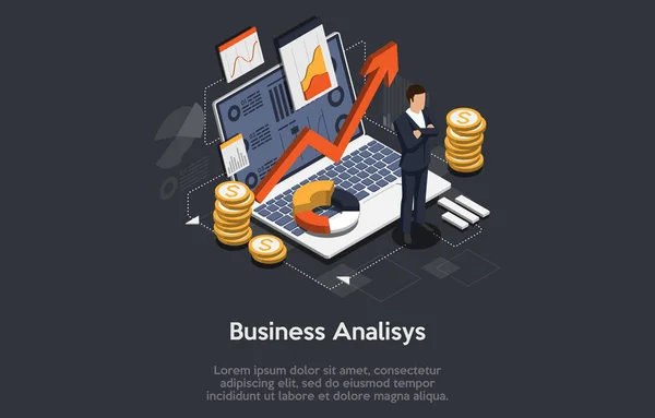 Isometric business analysis and planning, consulting, team work, project management, financial report and strategy concept. Unity and teamwork concept. — Stock Vector