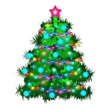 Beyaz arka planda izole edilmiş şirin, neşeli bir Noel ağacı. Düz biçim.