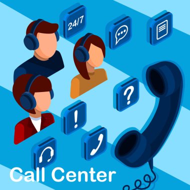 Çağrı merkezi ve müşteri hizmetleri izometrik 3d konsepti, müşteri hizmetleri ve mobil destek iniş sayfası, kulaklıklı operatörler wyth simgeleri.