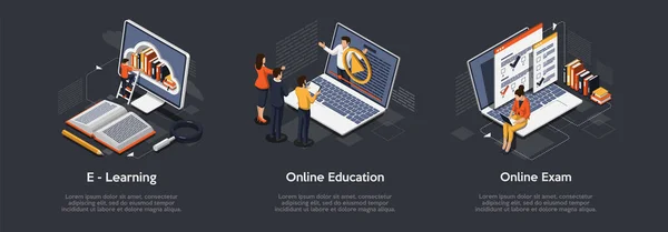 Ισομετρική έννοια της εκπαίδευσης. E-Learning, Online εκπαίδευση, online εξετάσεις. — Διανυσματικό Αρχείο