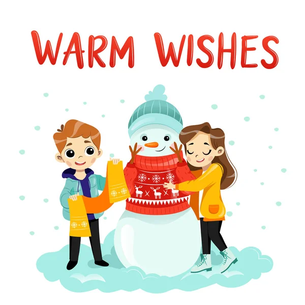 Cartoon kids, snowman, warm wishes text, Christmas season, winter holidays. The boy helps to put on the scarf snowman. Design for wrapping, fabric, print, postcard. — Stock Vector