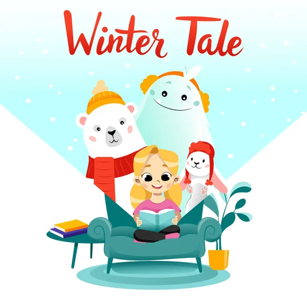 Girl is reading the winter tale beside polar bear, rabbit and yeti. Place for text. Flat style. — Stock Vector