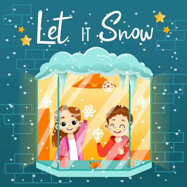 Holiday wishes Let it Snow. Cartoon kids. Template for Merry Christmas winter season greeting card background, t-shirt print. Flat style. — Stock Vector