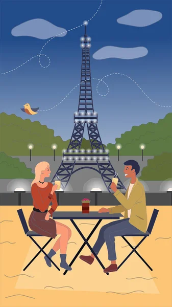 Young couple is flirting and drinking coffee in Paris restaurant on the Eiffel tower background. Flat style. — Stock Vector