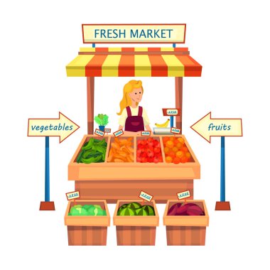 Taze eko marketi sebze ve meyvelerle vejetaryen marketi. Düz stil. Vektör illüstrasyonu