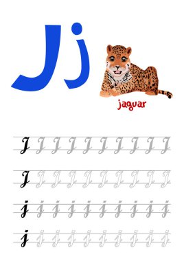Büyük ve küçük J harfini komik çizgi film Jaguar ile yazmayı öğretmek için İngiliz alfabesinin sayfa düzenini tasarla. Düz stil. Vektör illüstrasyonu