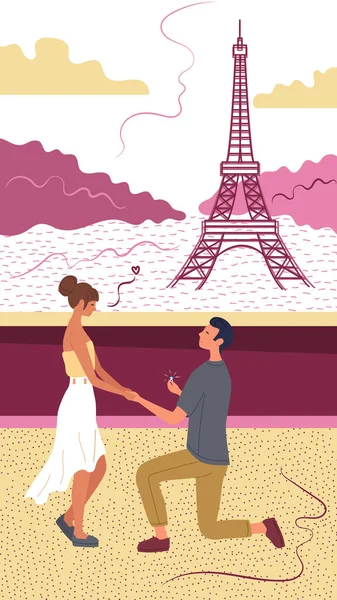 L'uomo fa la proposta di matrimonio alla fidanzata inginocchiata a Parigi sullo sfondo della Torre Eiffel. Stile piatto. Illustrazione vettoriale . — Vettoriale Stock