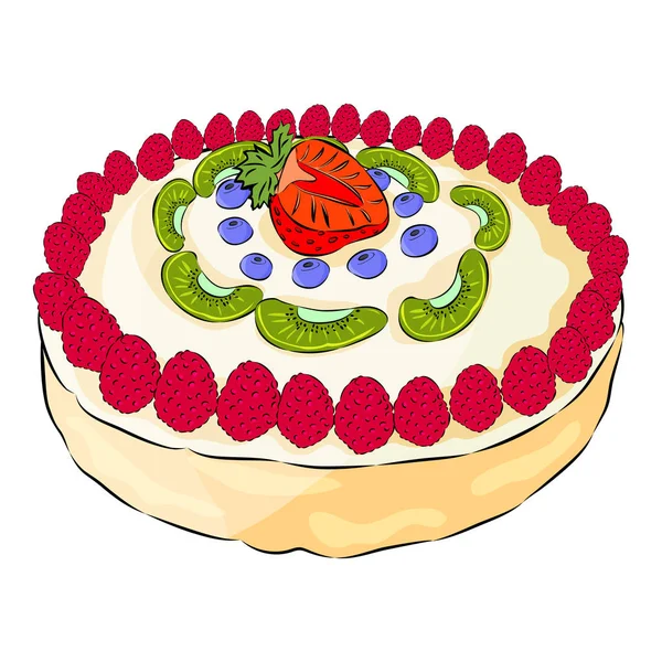 Tarta de merengue con frambuesa, kiwi, fresa, arándano aislado en el fondo blanco. Estilo plano. Ilustración vectorial — Vector de stock