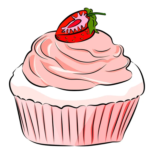 Bonito cupcake de dibujos animados con fresa aislado en el fondo blanco. Estilo plano. Ilustración vectorial — Vector de stock