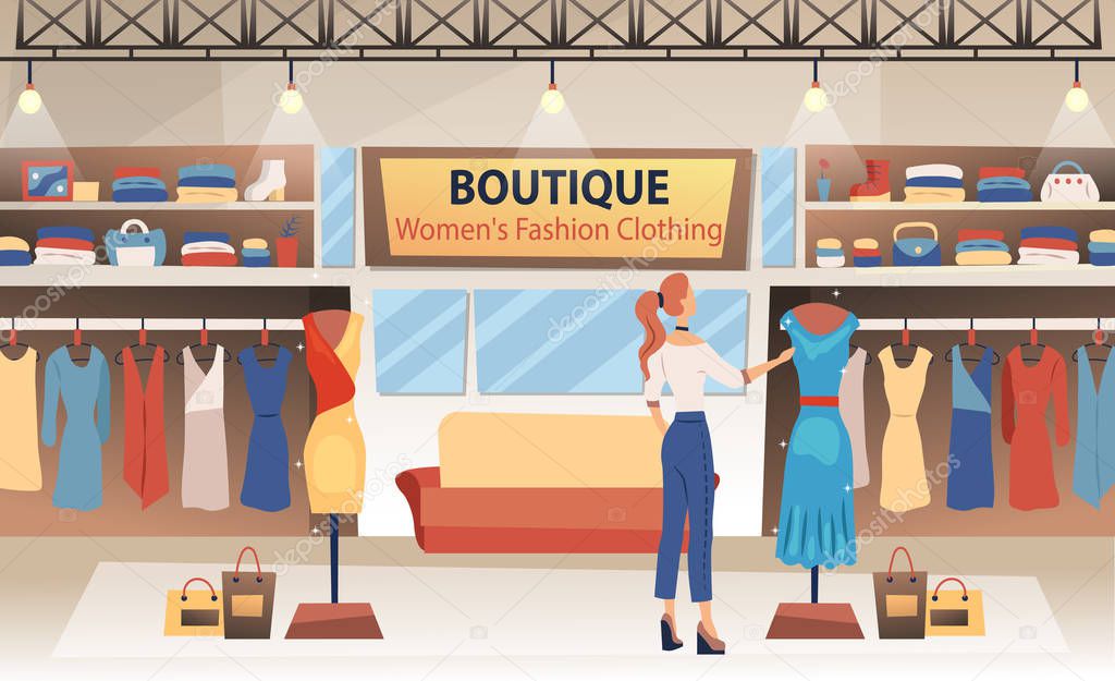 Modern clothing fashion boutique interior design with a girl tries on clothes. Flat style. Vector illustration
