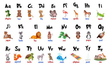 Sevimli çizgi hayvanlar alfabe çocuk eğitimi için. Vektör çizimler