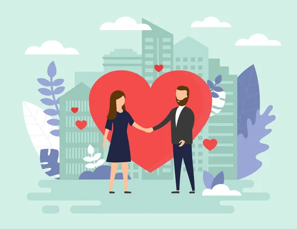 Joven pareja de enamorados tomados de la mano en el parque de la ciudad con gran corazón rojo y rascacielos en el fondo. Estilo plano. Ilustración vectorial — Vector de stock