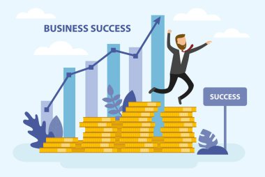 İş adamı altın sikkelerin üzerinden geçerek arka planda büyüyen grafikle Başarı golüne koşuyor. Düz stil. Vektör illüstrasyonu