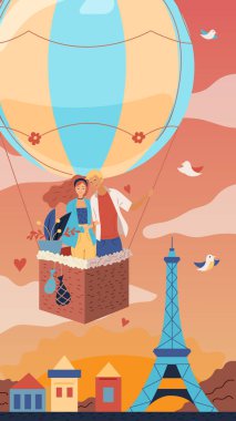 Romantik çift Paris üzerinde sıcak hava balonuyla uçuyor. Düz stil. Vektör illüstrasyonu