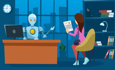 Robot işadamı patronu ve CV 'si olan kadın aday ofiste. İşe alım, iş görüşmesi konsepti. Düz stil. Vektör illüstrasyonu