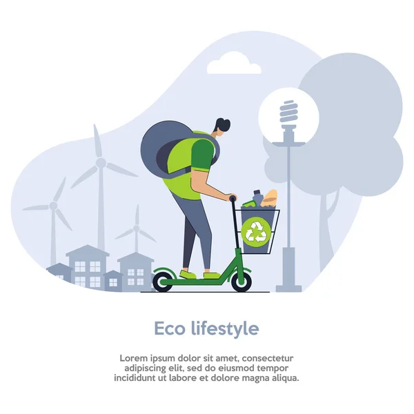 Homem está montando o scooter elétrico com eco saco com símbolo de reciclagem. Cuidar do meio ambiente. Compras sem desperdício. Estilo plano. Ilustração vetorial — Vetor de Stock
