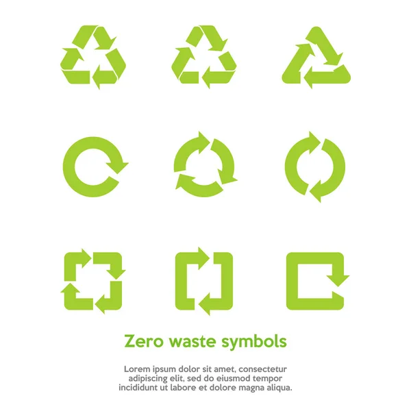 Symboles zéro déchet vert sur le fond blanc. Réutiliser, renouveler, composter les déchets alimentaires, concept. Ensemble de vecteurs de symboles de recyclage. Collecte de 9 icônes de recyclage différentes. Style plat. Illustration vectorielle — Image vectorielle