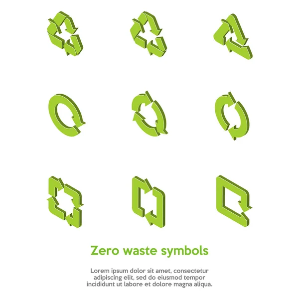 Izometrické zelené symboly nulového odpadu nastavené na bílém pozadí. Opětovné použití, obnova, kompost potravinového odpadu, koncepce. Recyklovat vektor symbolů. Sběr 9 různých ikon recyklace. Vektorová ilustrace — Stockový vektor