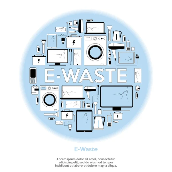 E-odpad recyklační ikony set s elektronikou koš a text. Staré ikony spotřebičů. Plochý. Vektorová ilustrace — Stockový vektor