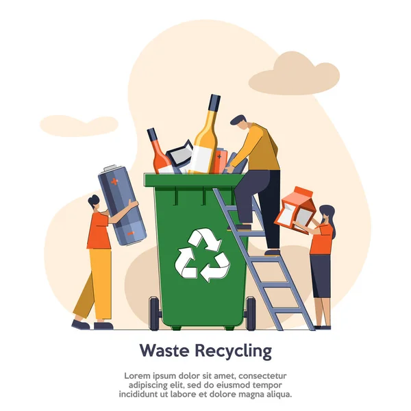 Переработка отходов - люди выбрасывают мусор в контейнер. Место для смс. Защита окружающей среды, экология, День Земли. Плоский стиль. Векторная иллюстрация — стоковый вектор