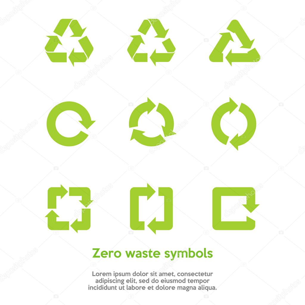 Green zero waste symbols set on the white background. Reuse, renew, compost food waste, concept. Recycle symbol vector set. Collection of 9 different recycling icons. Flat style. Vector illustration